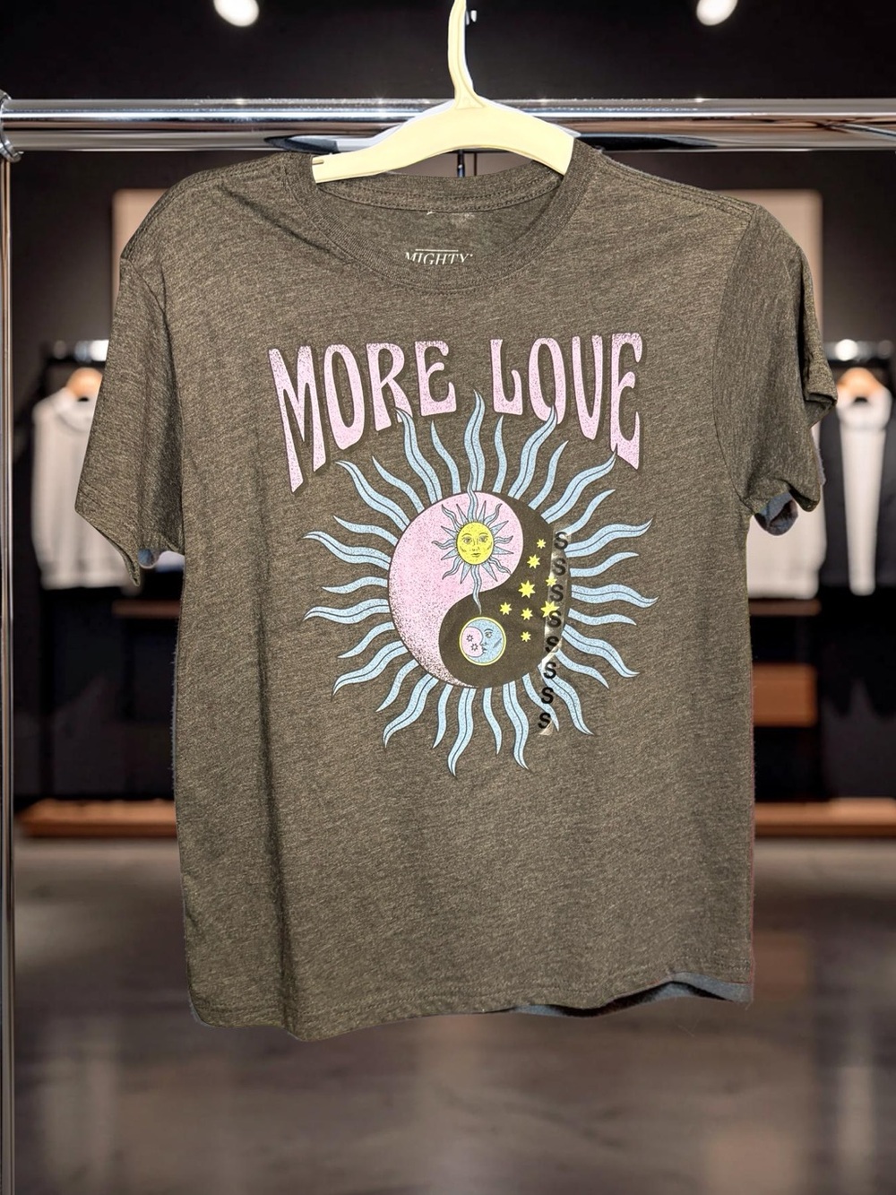 Mighty Fine Olive Green 'More Love' Graphic Tee with Pastel Sun & Moon